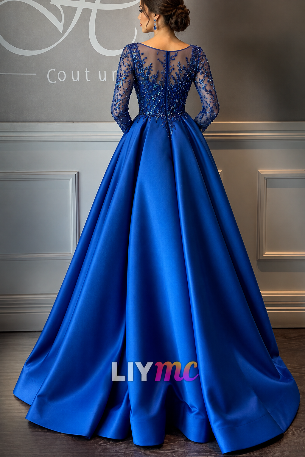 Scoop Long Sleeves Sequins Satin A-Line Evening Dress