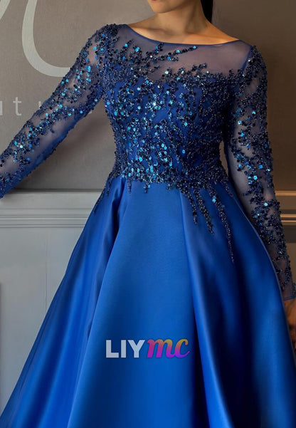 Scoop Long Sleeves Sequins Satin A-Line Evening Dress