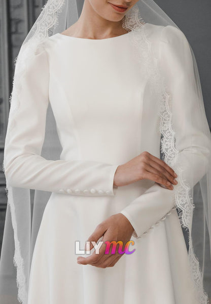 Scoop Long Sleeves Sleek A-Line Classic Elegant Wedding Dress