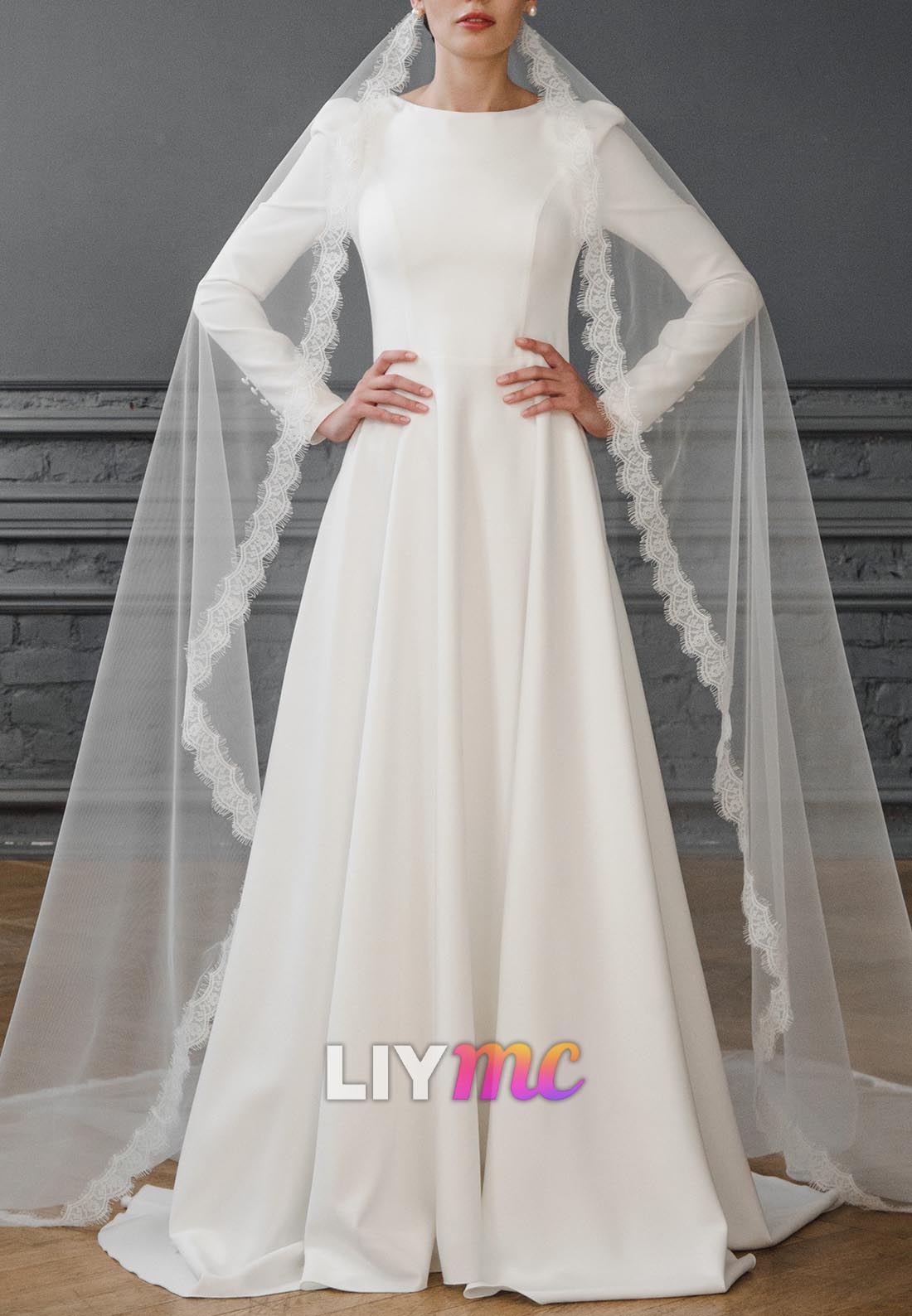 Scoop Long Sleeves Sleek A-Line Classic Elegant Wedding Dress Liymc Scoop Long Sleeves Sleek A-Line Classic Elegant Wedding Dress Liymc