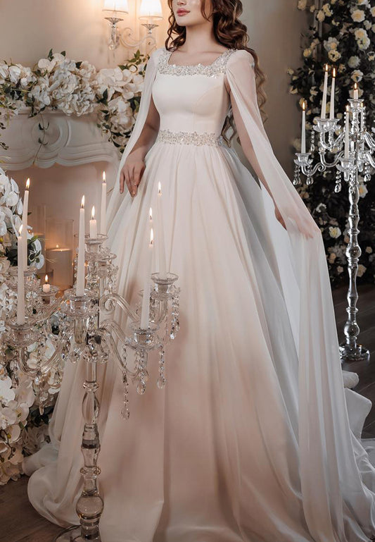 Scoop Long Sleeves Sleek Beaded A-Line Wedding Dress
