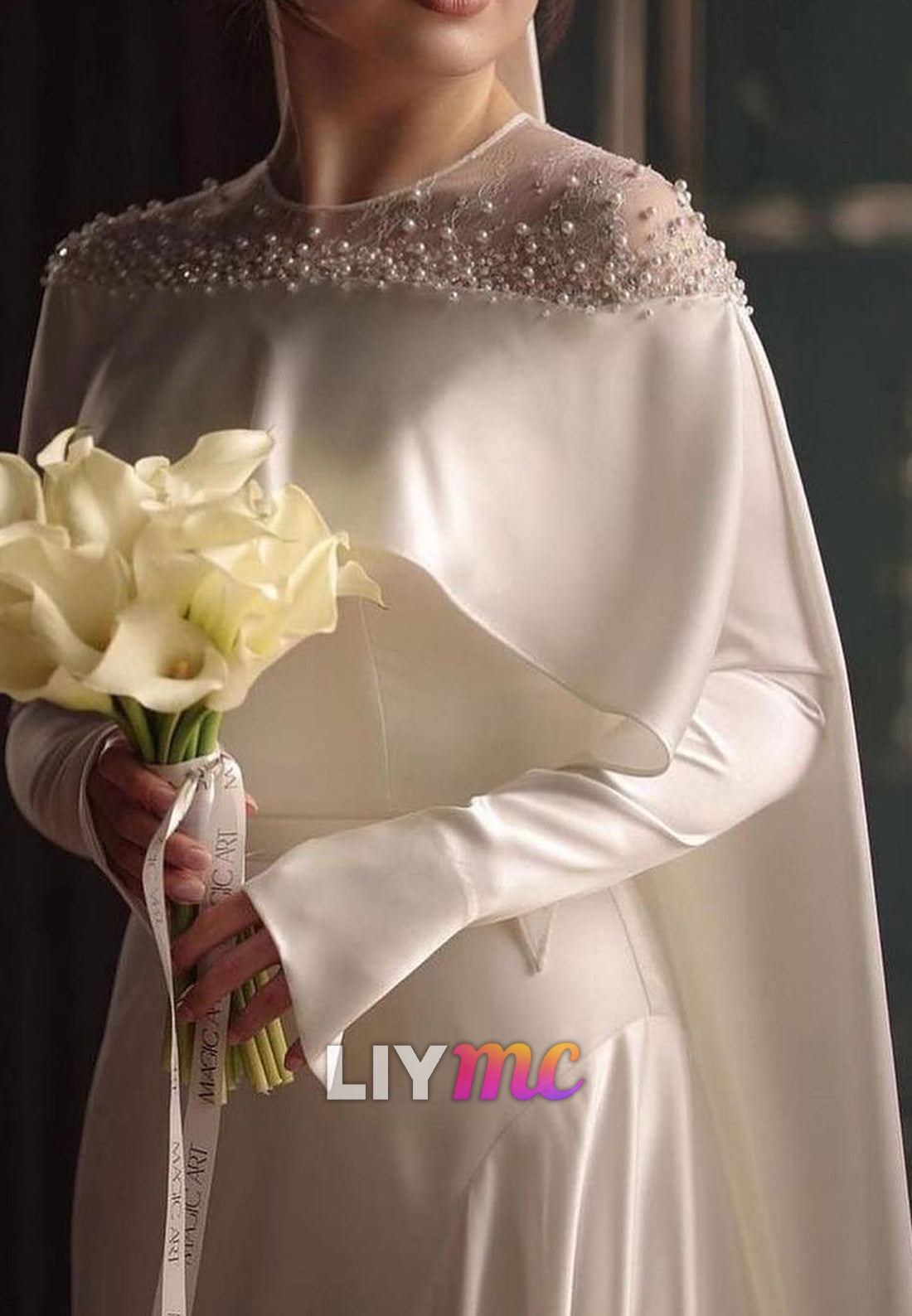 Scoop Long Sleeves Sleek Beaded A-Line Wedding Dress