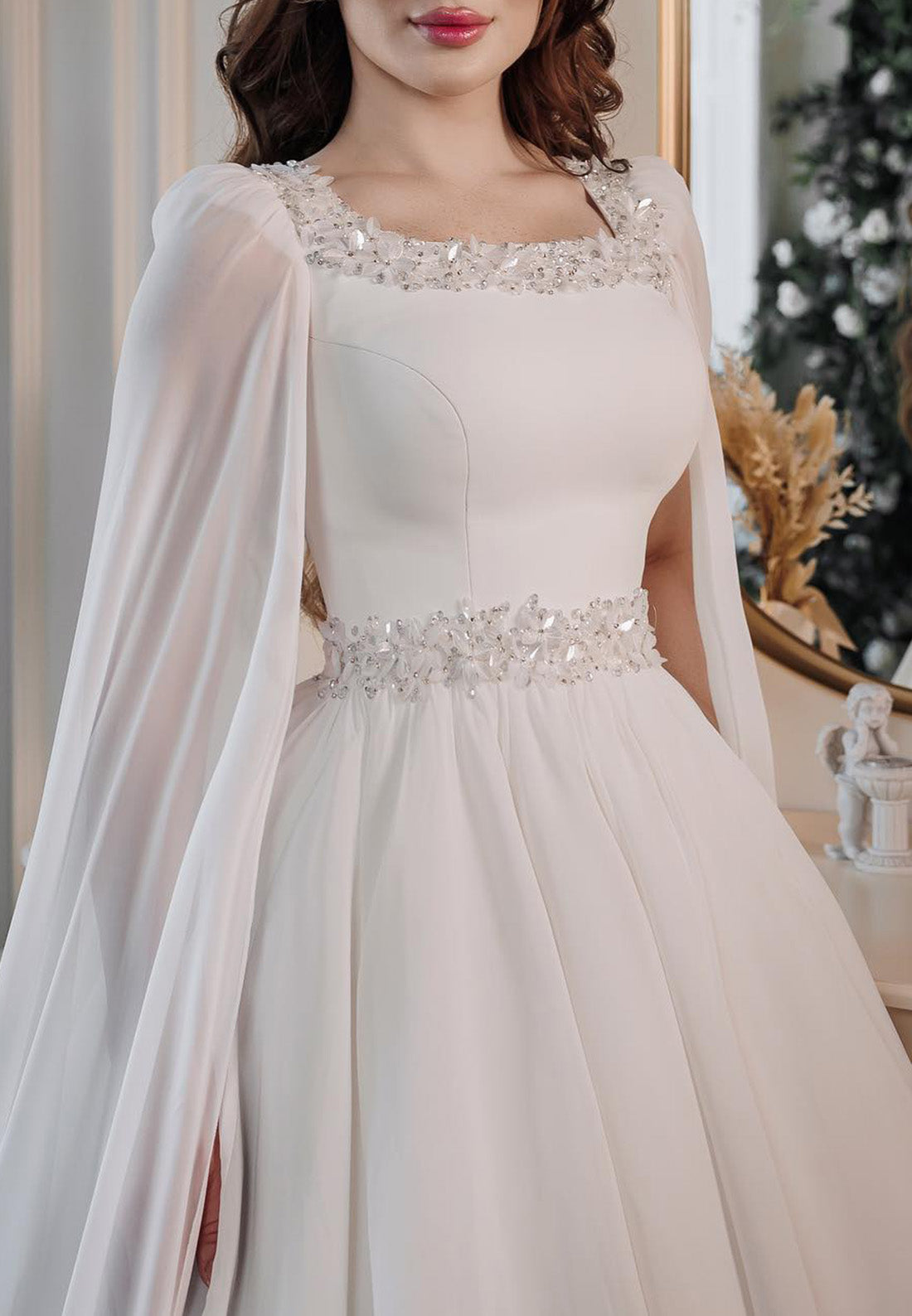 Scoop Long Sleeves Sleek Beaded A-Line Wedding Dress