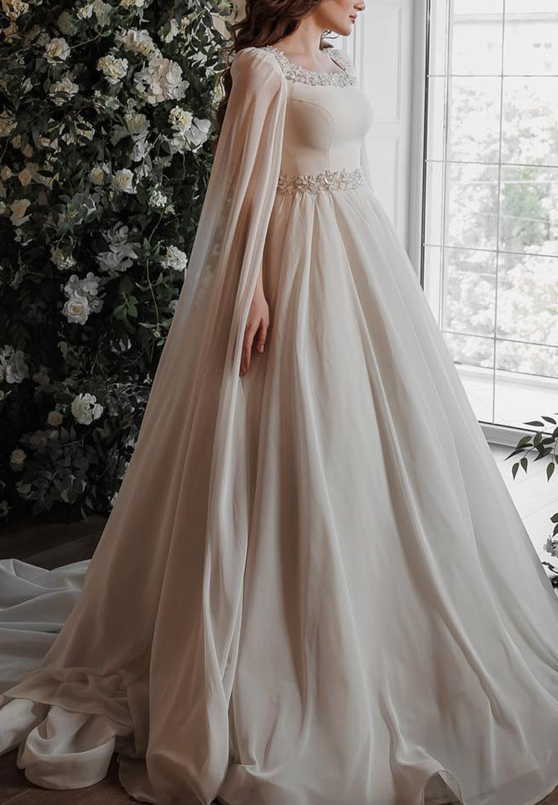 Scoop Long Sleeves Sleek Beaded A-Line Wedding Dress