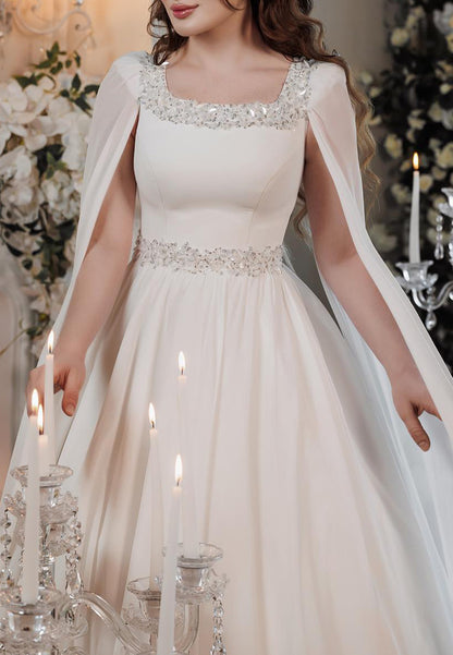 Scoop Long Sleeves Sleek Beaded A-Line Wedding Dress