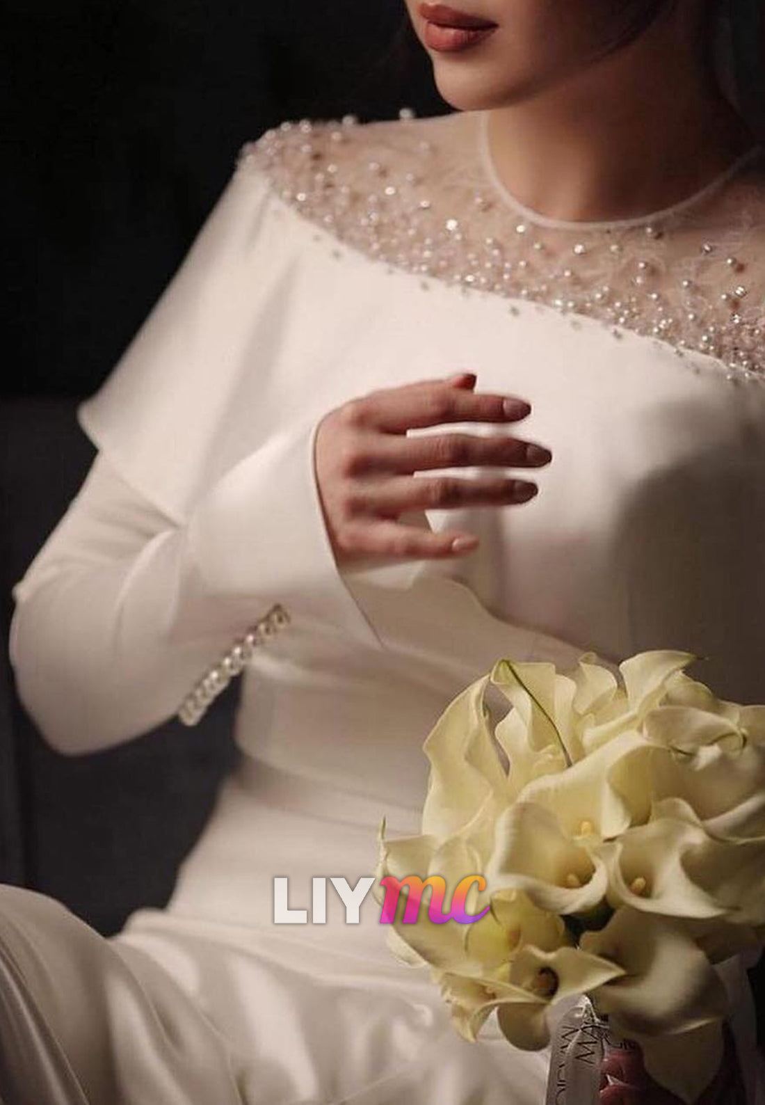 Scoop Long Sleeves Sleek Beaded A-Line Wedding Dress