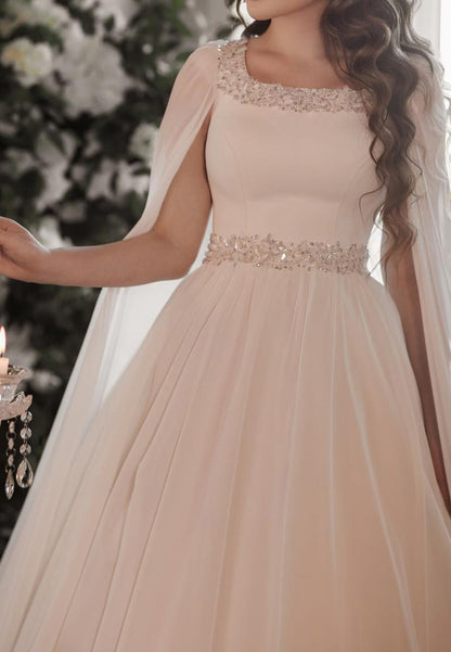 Scoop Long Sleeves Sleek Beaded A-Line Wedding Dress