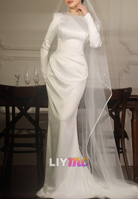 Scoop Long Sleeves Sleek Pleated Satin Mermaid Wedding Dress
