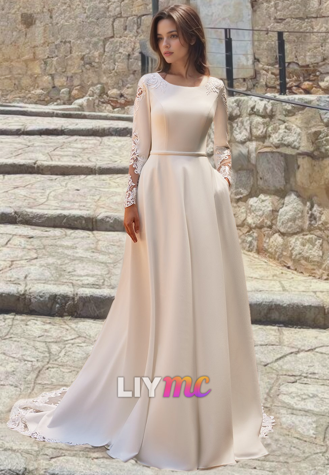 Scoop Long Sleeves Sleek Satin A-Line Simple Wedding Dress