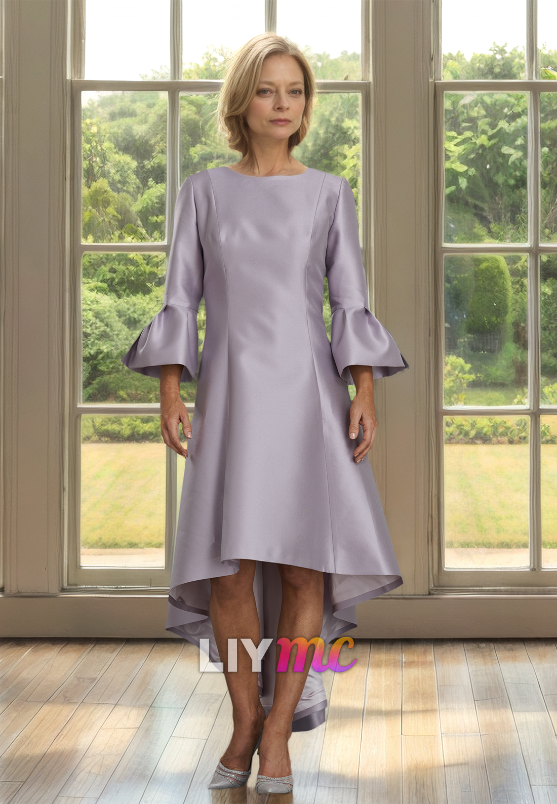 Scoop Long Sleeves Sleek Satin High Low A-Line Mother of Bride Dress