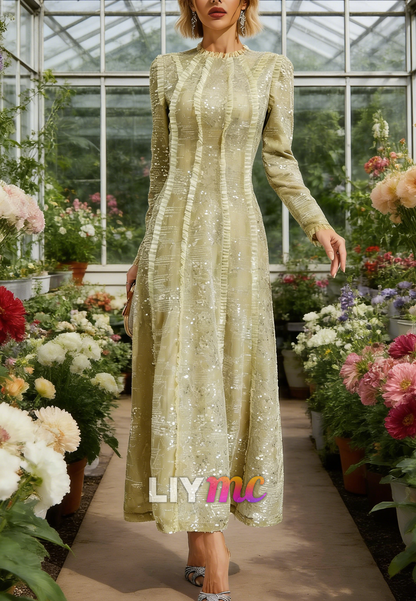 Scoop Long Sleeves Sparkly A-Line Mother of Bride Dress
