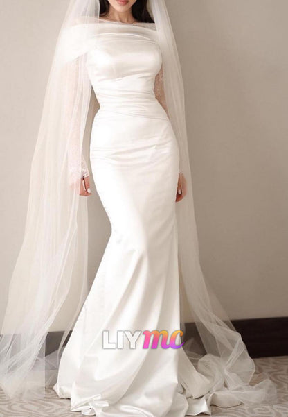 Scoop Long Sleevess Lace Appliques Mermaid Wedding Dress