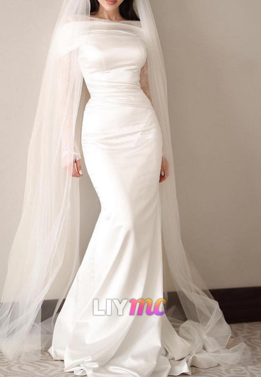Scoop Long Sleevess Lace Appliques Mermaid Wedding Dress