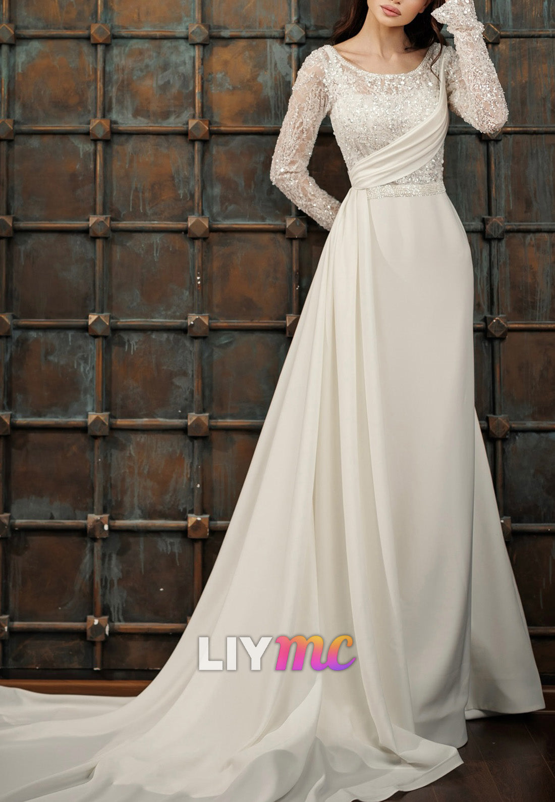 Scoop Long Slevees Beaded Embroidery A-Line Satin Wedding Dress