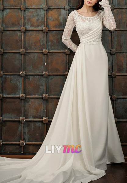 Scoop Long Slevees Beaded Embroidery A-Line Satin Wedding Dress