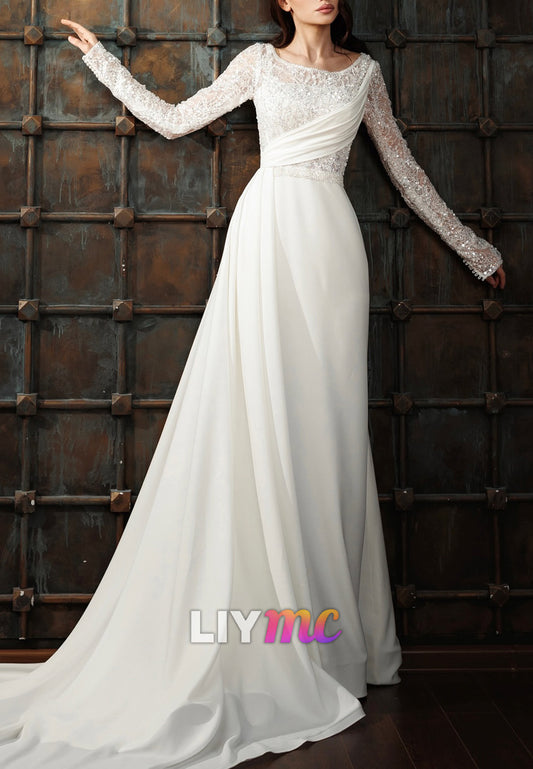 Scoop Long Slevees Beaded Embroidery A-Line Satin Wedding Dress