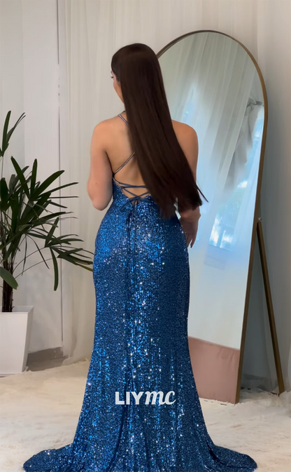 LP1256 - Scoop Mermaid Sequins Side Slit Sparkly Prom Dresses