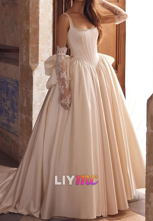 Scoop Pleated Sleeveless Bowknot A-Line Wedding Dress
