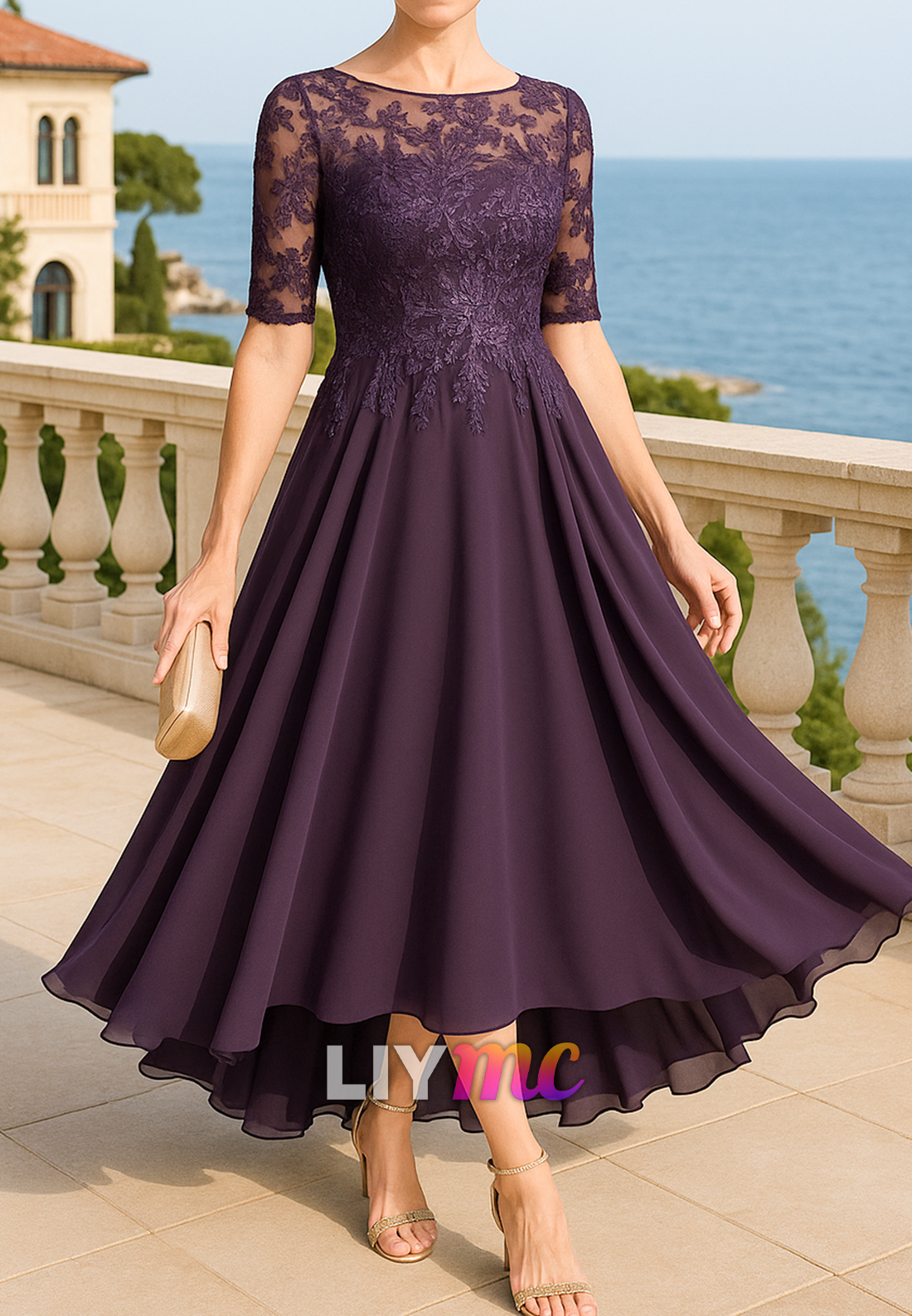 Scoop Short Sleeves Appliques A-Line Chiffon Mother of Briide Dress