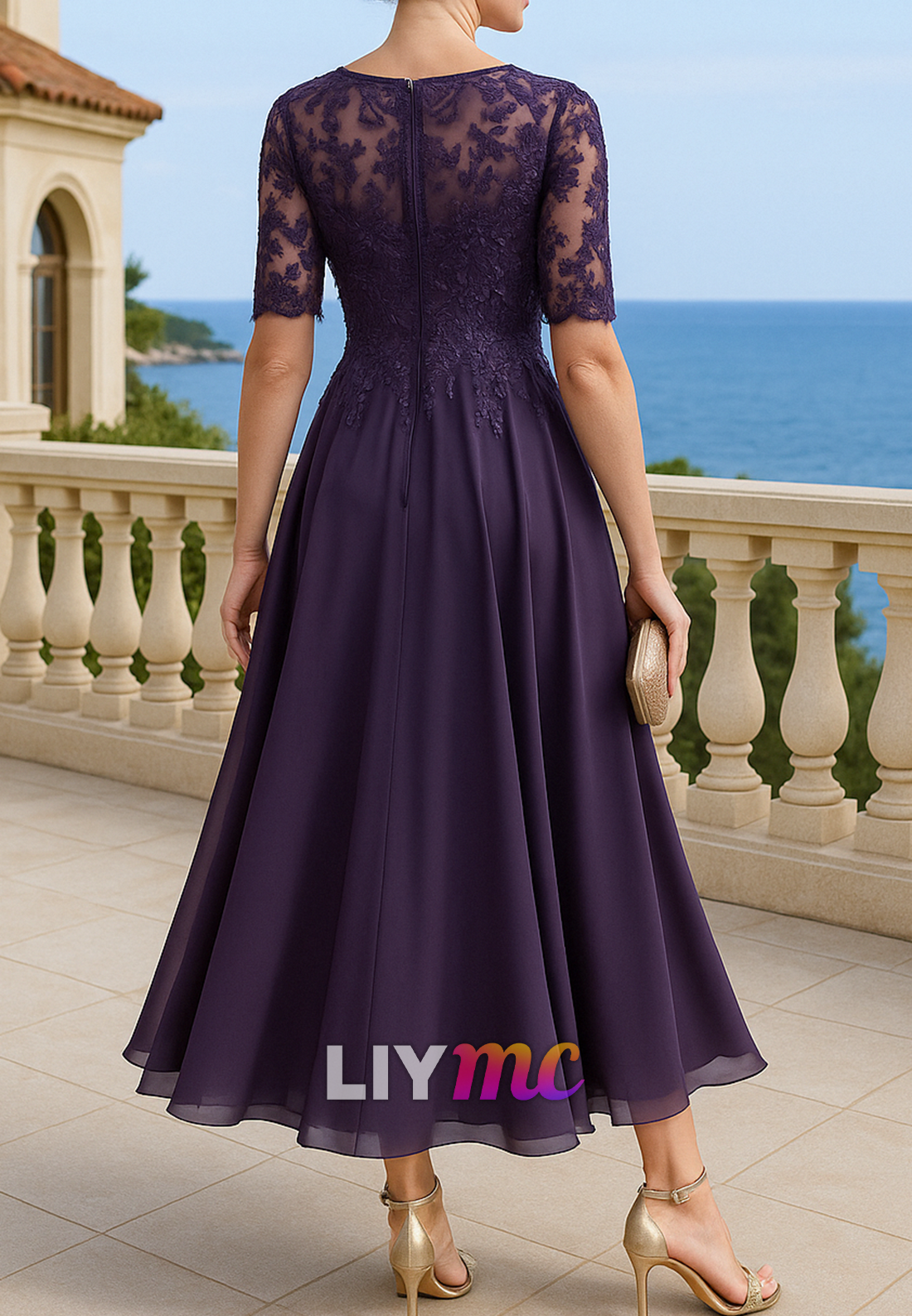 Scoop Short Sleeves Appliques A-Line Chiffon Mother of Briide Dress