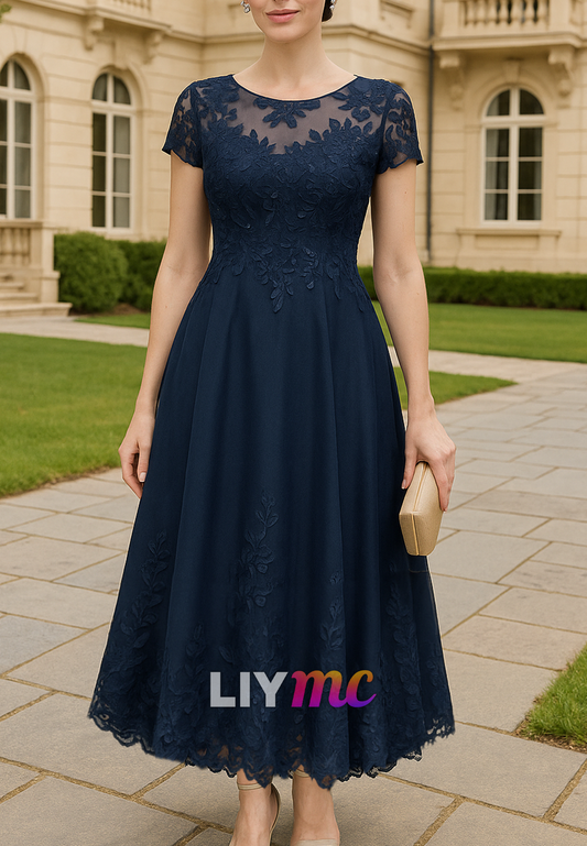 Scoop Short Sleeves Appliques A-Line Mother of Bride Dress
