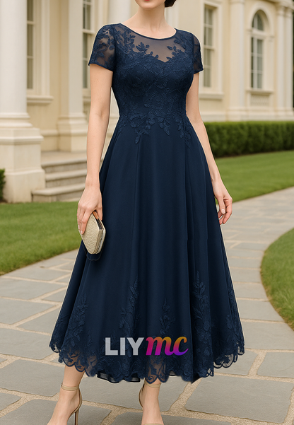 Scoop Short Sleeves Appliques A-Line Mother of Bride Dress