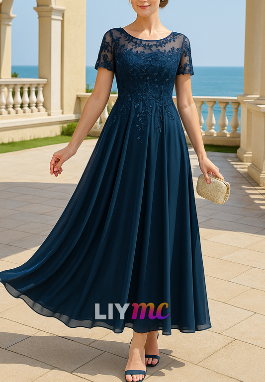 Scoop Short Sleeves Appliques Chiffon A-Line Mother of Bride Dress