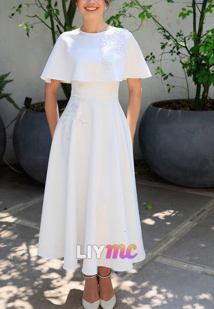 Scoop Short Sleeves Appliques Midi A-Line Wedding Dress