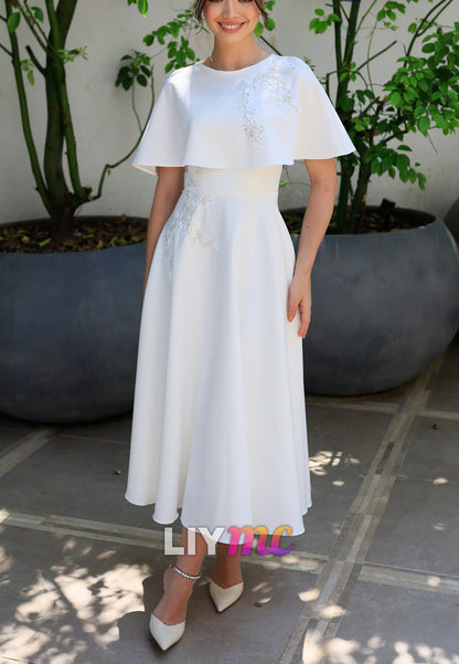 Scoop Short Sleeves Appliques Midi A-Line Wedding Dress