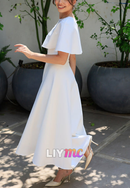 Scoop Short Sleeves Appliques Midi A-Line Wedding Dress