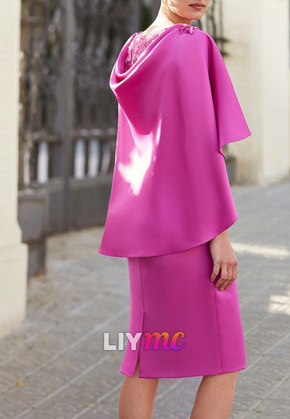 Scoop Short Sleeves Appliques Sheath Midi Mother of Bride Dress