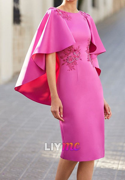 Scoop Short Sleeves Appliques Sheath Midi Mother of Bride Dress