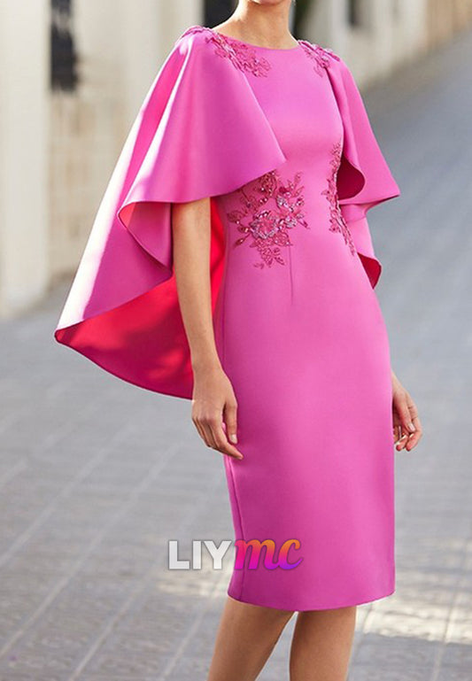 Scoop Short Sleeves Appliques Sheath Midi Mother of Bride Dress