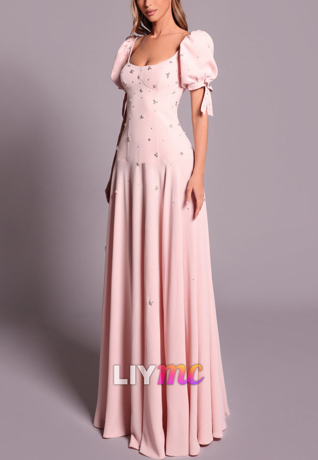 Scoop Short Sleeves Beaded A-Line Prom Dress