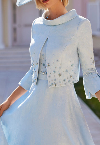 Scoop Short Sleeves Beaded A-Line Sky Blue Mother of Bride Dress