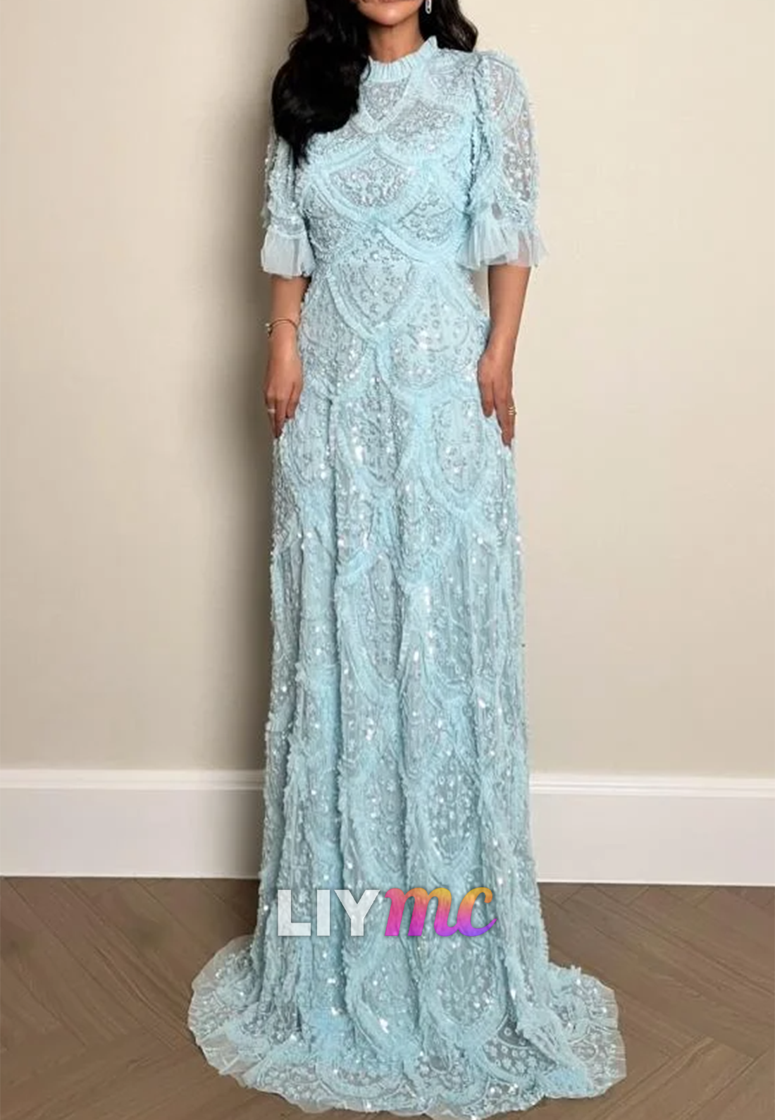 Scoop Short Sleeves Beaded Embroidery A-Line Evening Dress