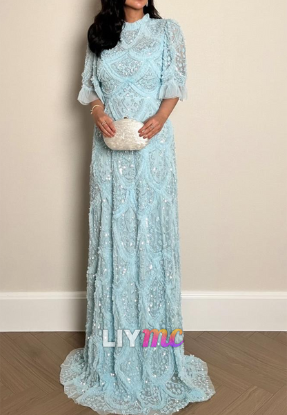 Scoop Short Sleeves Beaded Embroidery A-Line Evening Dress