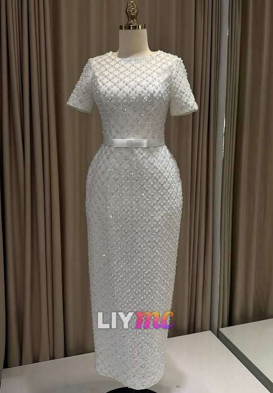 Scoop Short Sleeves Beaded Embroidery Sheath Wedding Dress