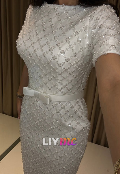 Scoop Short Sleeves Beaded Embroidery Sheath Wedding Dress