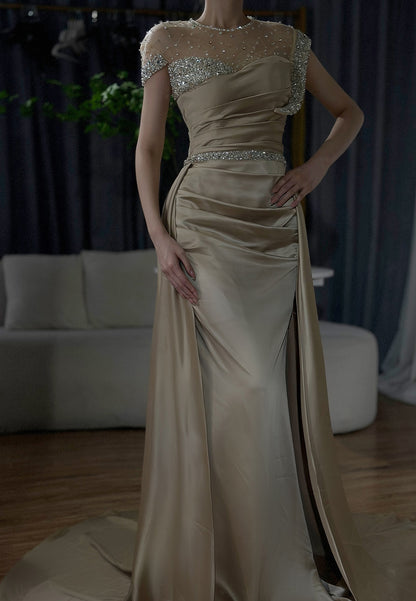 Scoop Short Sleeves Beading Pleated Sheath Evening Dress
