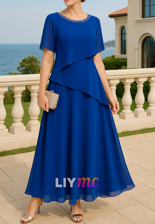 Scoop Short Sleeves Chiffon A-Line Mother of Bride Dress