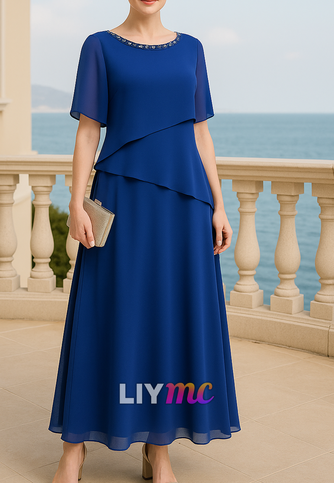 Scoop Short Sleeves Chiffon A-Line Mother of Bride Dress