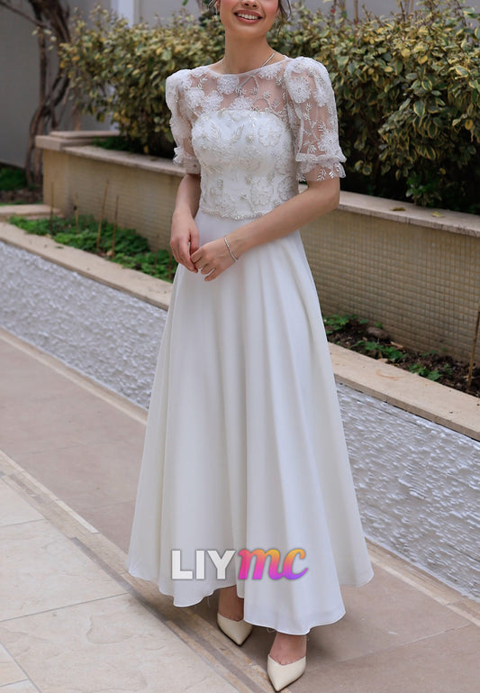 Scoop Short Sleeves Floral Appliques A-Line Wedding Dress