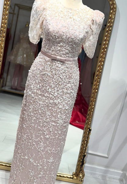 Scoop Short Sleeves Floral Appliques Sheath Evening Dress