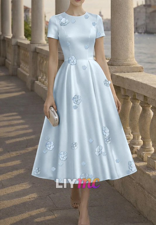 Scoop Short Sleeves Floral Embellished A-Line Mother of Bride Dress