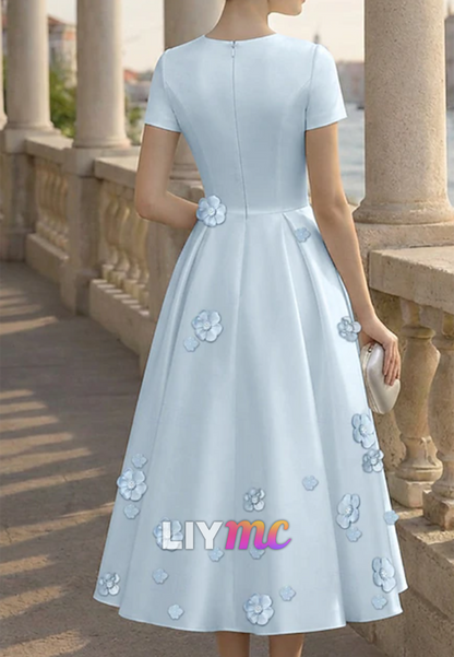 Scoop Short Sleeves Floral Embellished A-Line Mother of Bride Dress