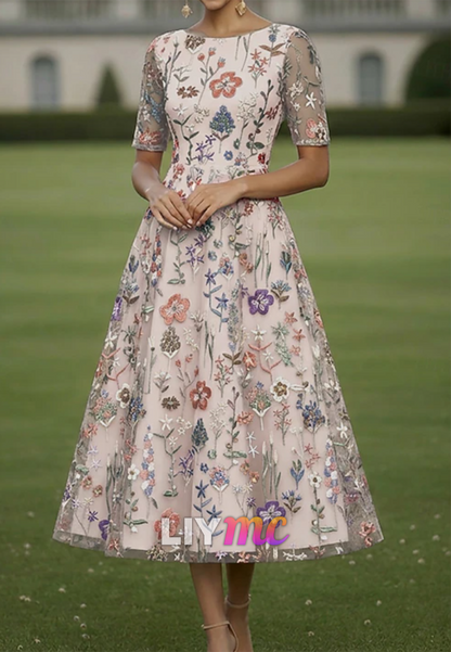 Scoop Short Sleeves Floral Printed A-Line Mother of Bride Dress