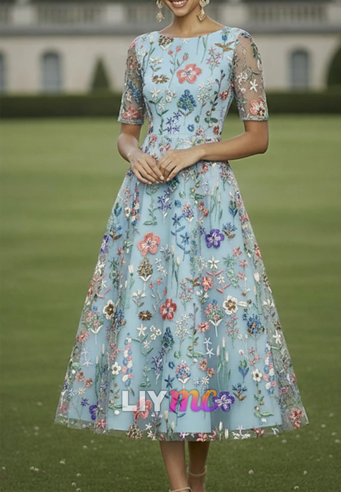 Scoop Short Sleeves Floral Printed A-Line Mother of Bride Dress