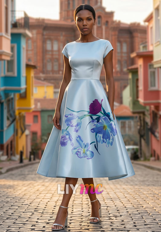 Scoop Short Sleeves Floral Printed A-Line Wedding Guest Dress