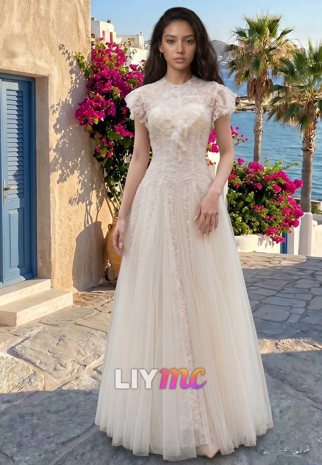 Scoop Short Sleeves Lace Tulle A-Line Wedding Dress